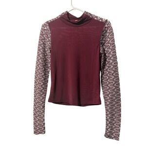 Free People Burgundy Mesh Mock Neck Top Chevron Lace Long Sleeve Small